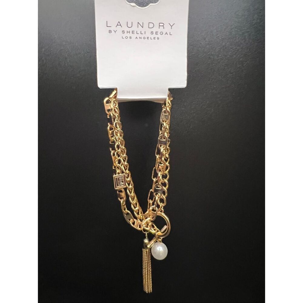 New! Laundry By Shelli Segal Gold Tone 3 Chain Layering Bracelet Set Faux Pearl